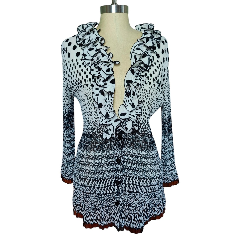 Y2K Graphic Plisse Ruffle Blouse Button Front Lace Trim M Maximalist Funky Artsy